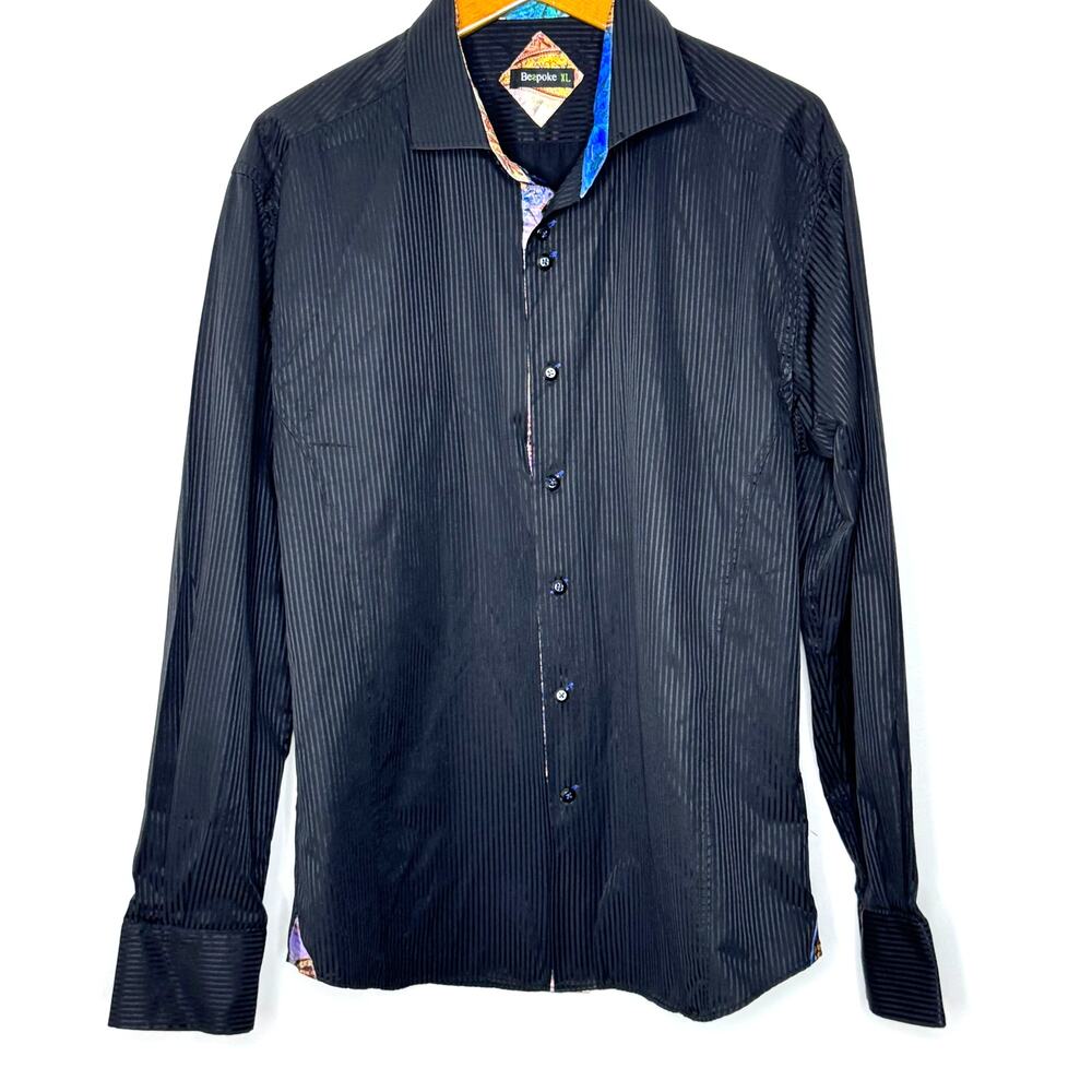 Bespoke black flip cuff button front shirt‎